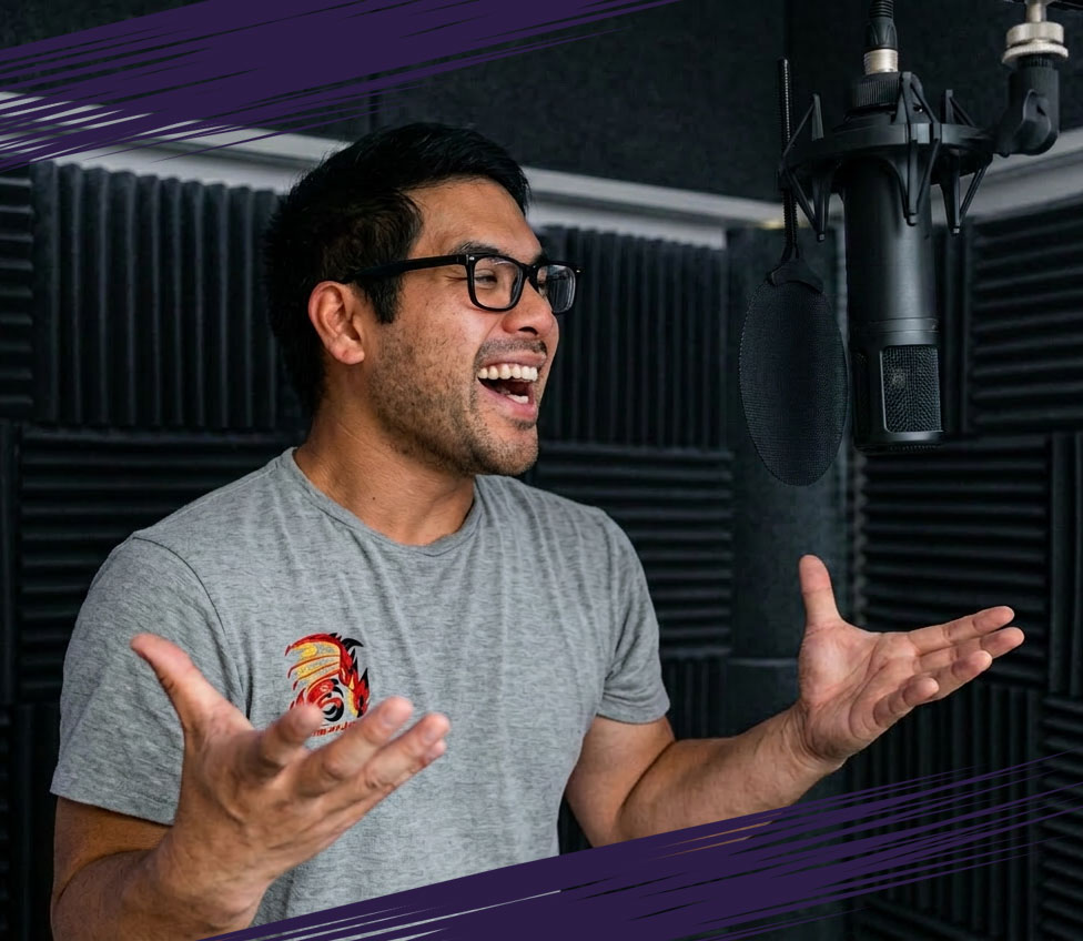 John Hui recording a voice over in a professional studio